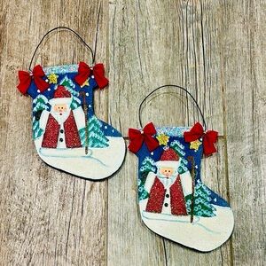 Vintage hand painted wooden Santa Claus stocking door hanging decor (set of 2)